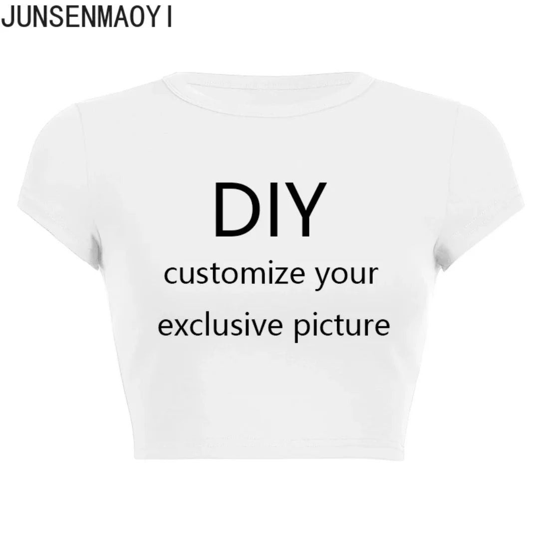 White crop top with black text 'DIY customize your exclusive picture' on a white background