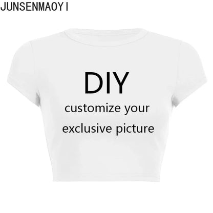 White crop top with black text 'DIY customize your exclusive picture' on a white background