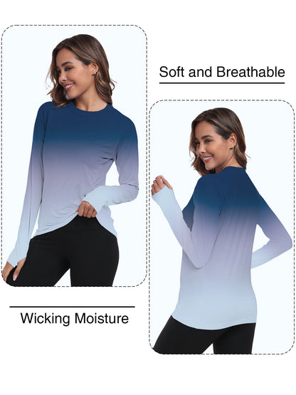 Woman wearing a blue and white gradient long-sleeve shirt with text indicating softness, breathability, and wicking moisture.