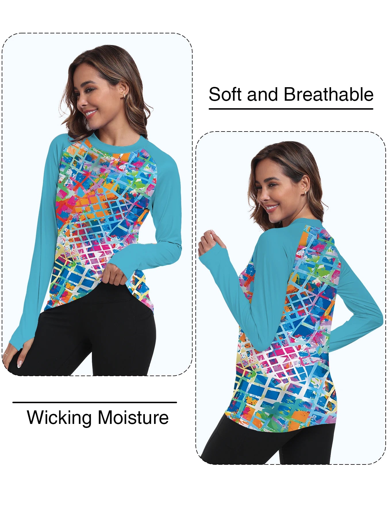 Woman wearing a colorful long-sleeve shirt with text 'Soft and Breathable' and 'Wicking Moisture'.