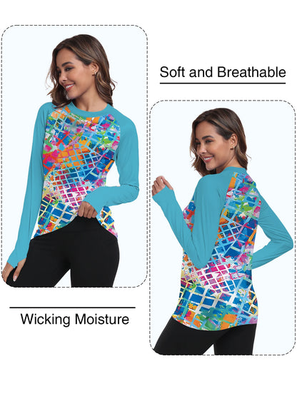 Woman wearing a colorful long-sleeve shirt with text 'Soft and Breathable' and 'Wicking Moisture'.