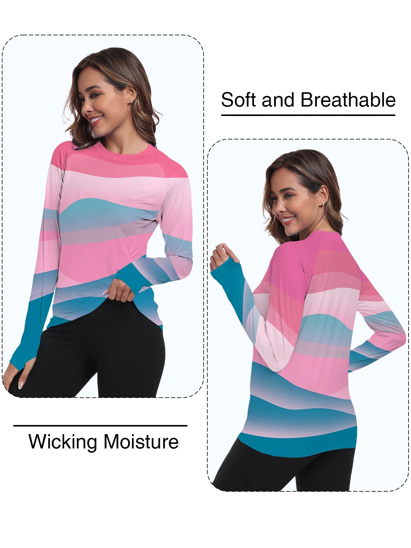 Woman wearing a colorful long-sleeve shirt with text indicating softness, breathability, and wicking moisture.