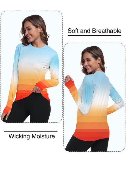 Woman wearing a gradient long-sleeve shirt with text highlighting features on a white background