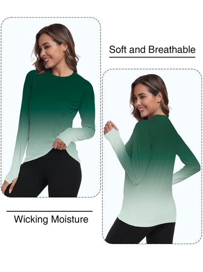 Woman wearing a green and white gradient long-sleeve shirt with text indicating softness, breathability, and wicking moisture.