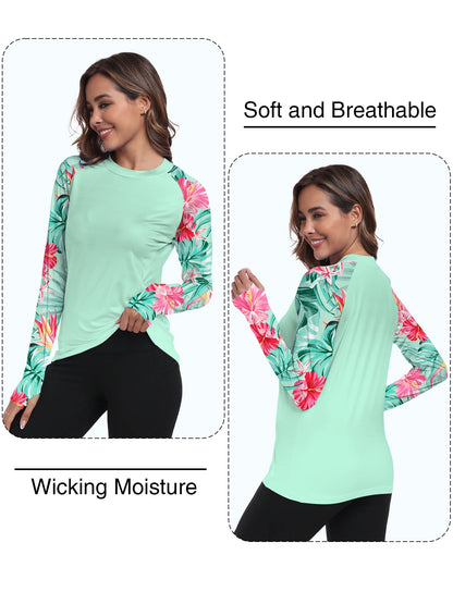 Woman wearing a green floral long-sleeve shirt with text indicating features like softness, breathability, and wicking moisture.