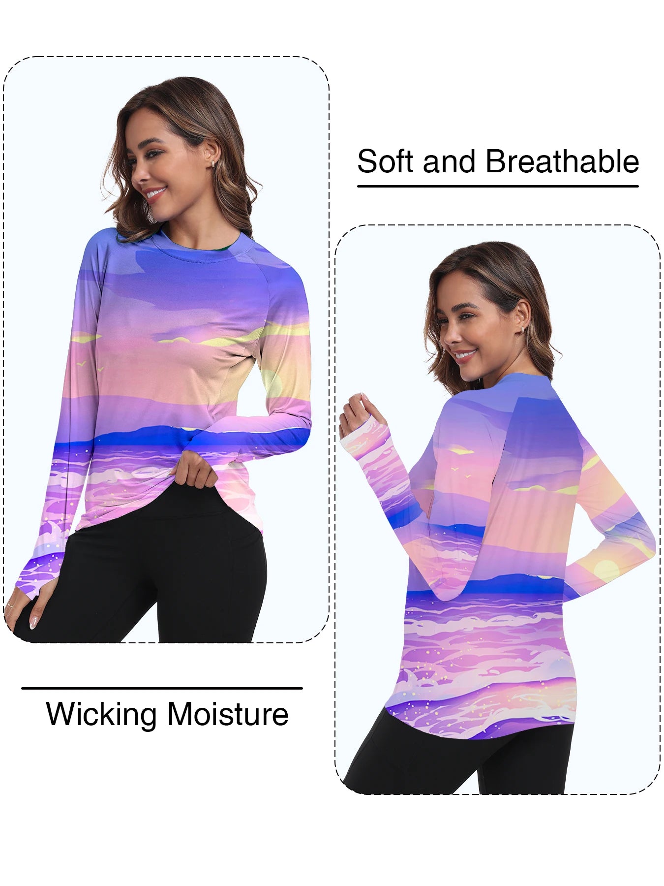 Woman wearing a colorful long-sleeve shirt with text indicating softness, breathability, and wicking moisture.