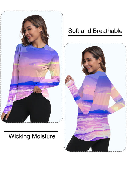 Woman wearing a colorful long-sleeve shirt with text indicating softness, breathability, and wicking moisture.