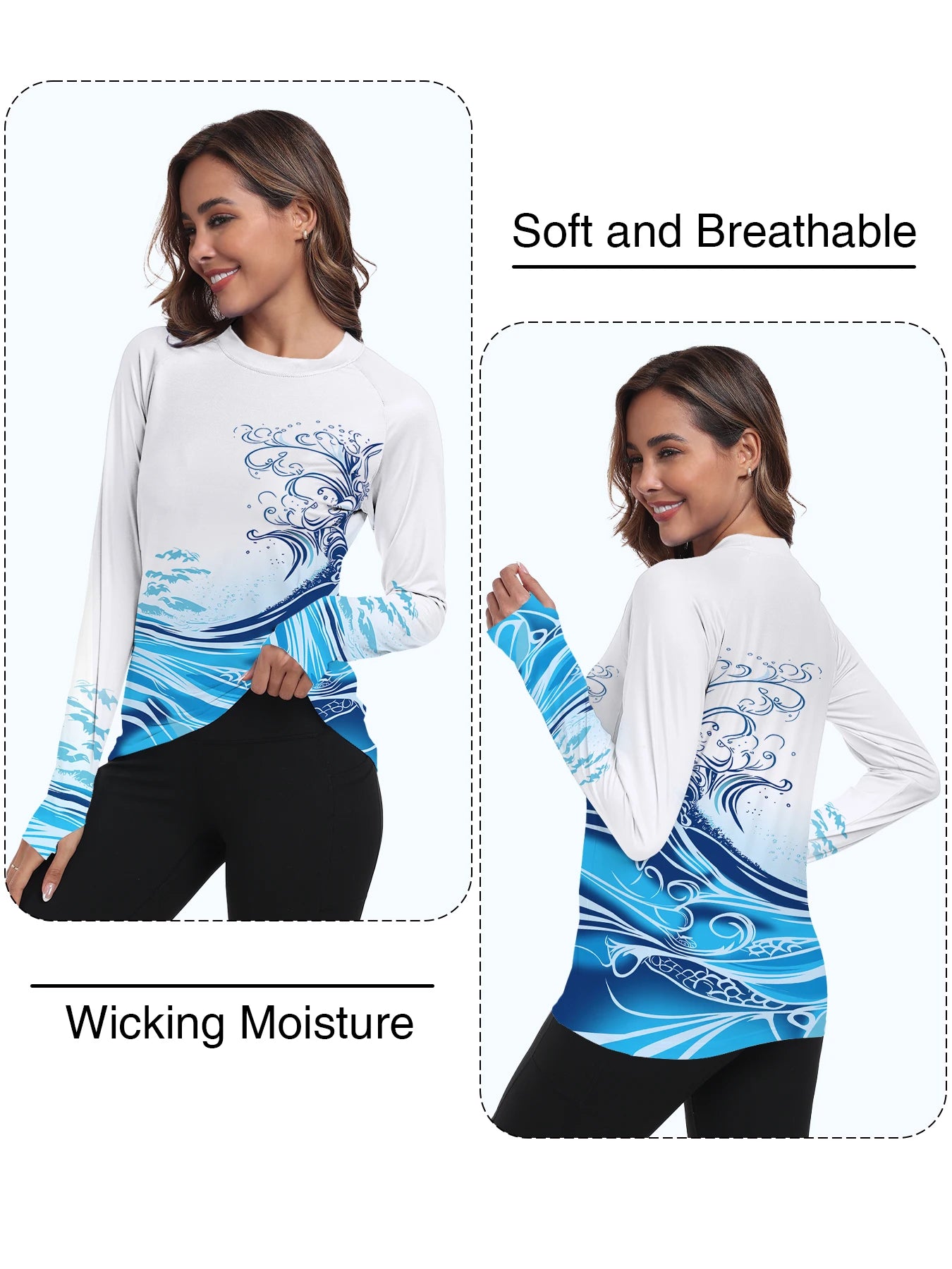 Woman wearing a long-sleeve athletic shirt with wave design, highlighting softness, breathability, and wicking moisture.