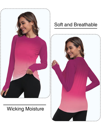 Woman wearing a pink and black gradient long-sleeve shirt with text on softness, breathability, and wicking moisture.