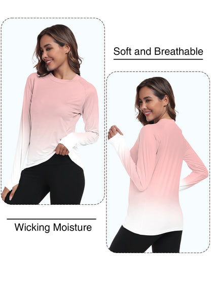 Woman wearing a pink long-sleeve top with text indicating softness, breathability, and wicking moisture.