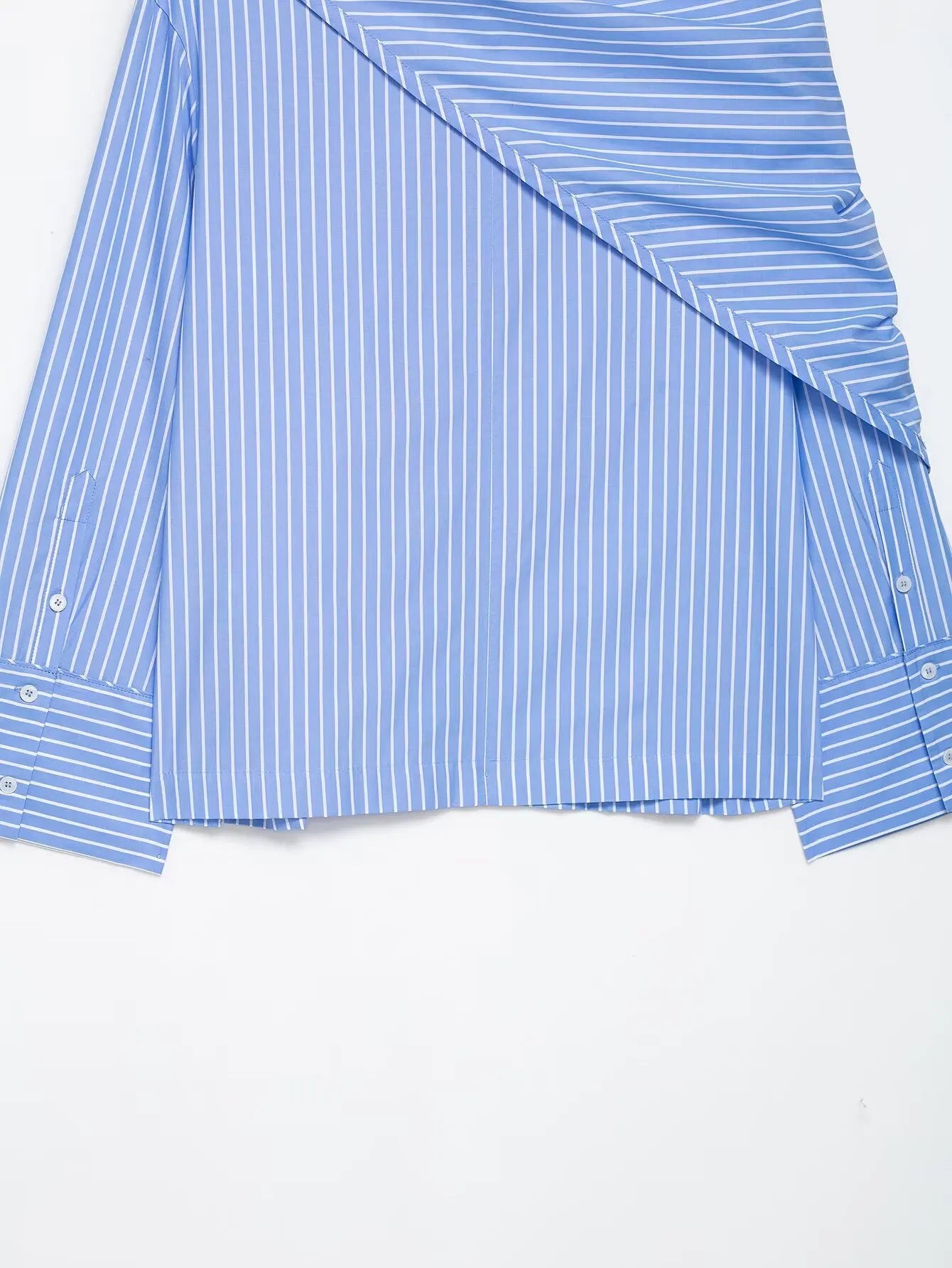 Blue and white striped shirt with a draped design on a white background