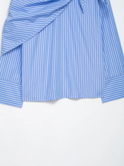 Blue and white striped shirt with a tie detail on a white background