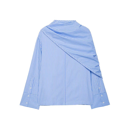 Blue and white striped shirt with a unique design on a white background