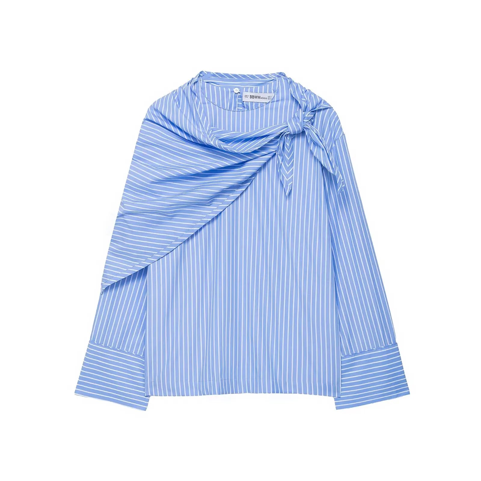 Blue and white striped shirt with a tie detail on a white background