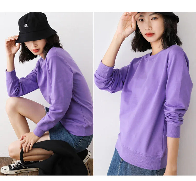 Two images of a person wearing a purple sweatshirt and black hat against plain backgrounds.