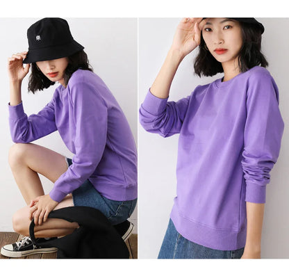 Two images of a person wearing a purple sweatshirt and black hat against plain backgrounds.