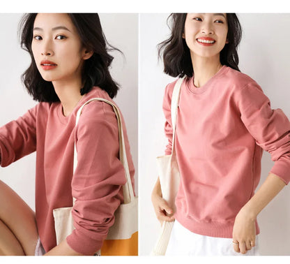 Two images of a woman wearing a pink sweater against a white background