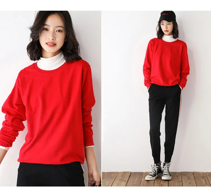 Two images of a person wearing a red sweater and black pants on a white background.