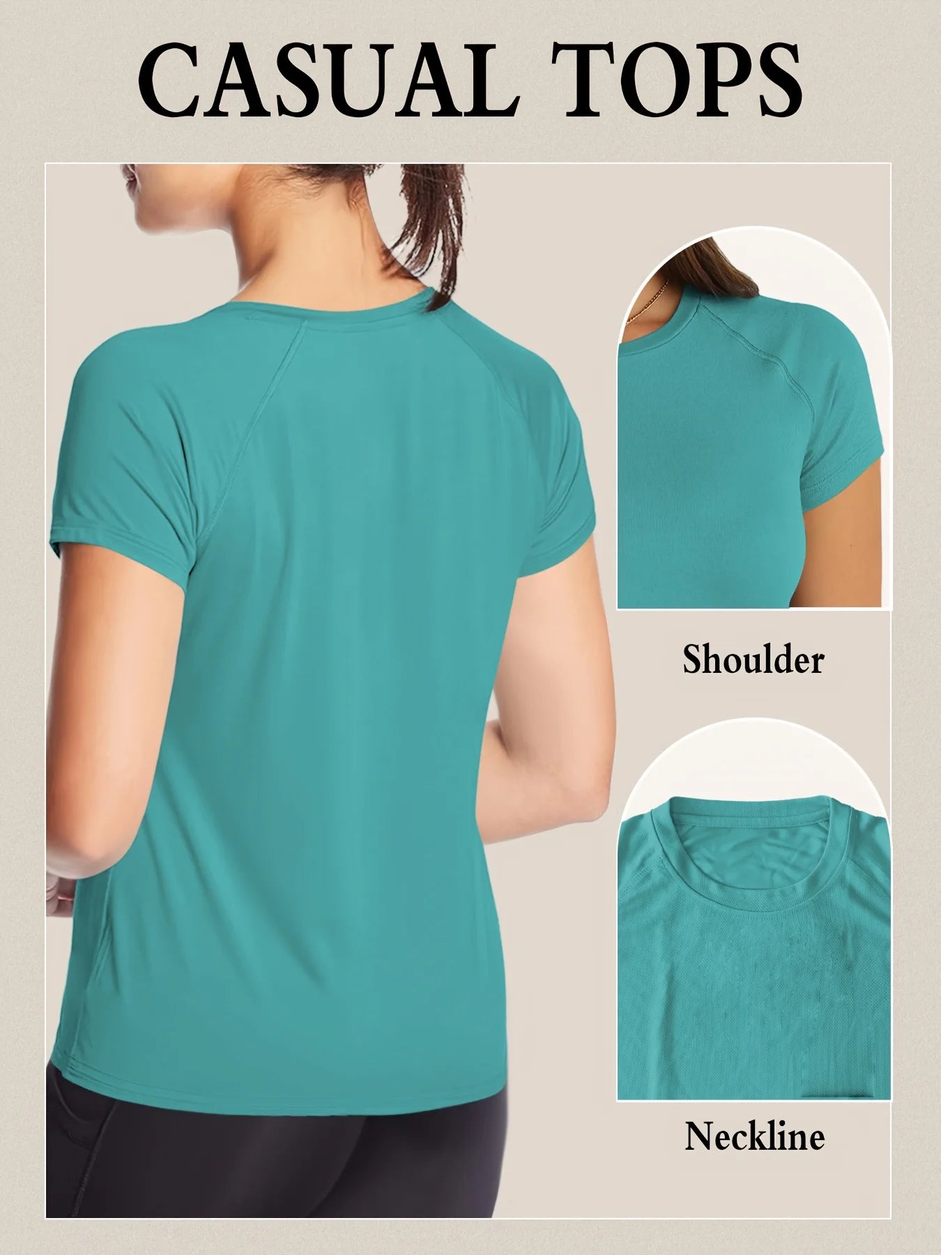 Teal casual top with close-up details on a beige background