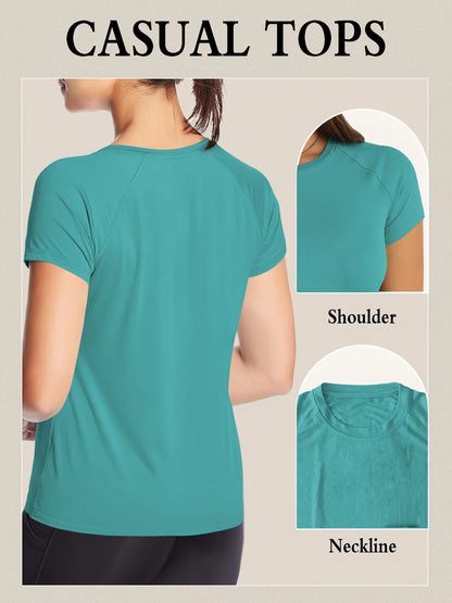 Teal casual top with close-up details on a beige background