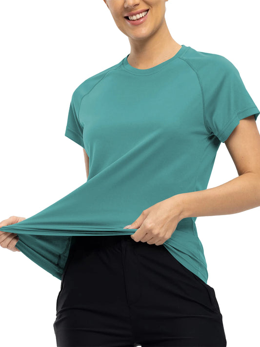 Person wearing a teal athletic shirt and black shorts on a white background
