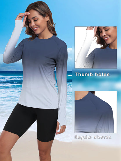 Woman wearing a long-sleeve shirt with thumb holes and regular sleeves on a beach.