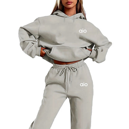 Gray hoodie and sweatpants set with 'aio' logo on a white background