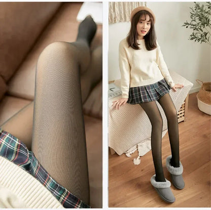 Evlira Dark Thermal Tights with plaid skirt - elegant winter outfit combination in cozy room setting