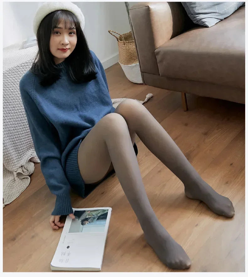 Evlira Gray Thermal Tights with blue sweater - comfortable floor sitting in cozy living room setting