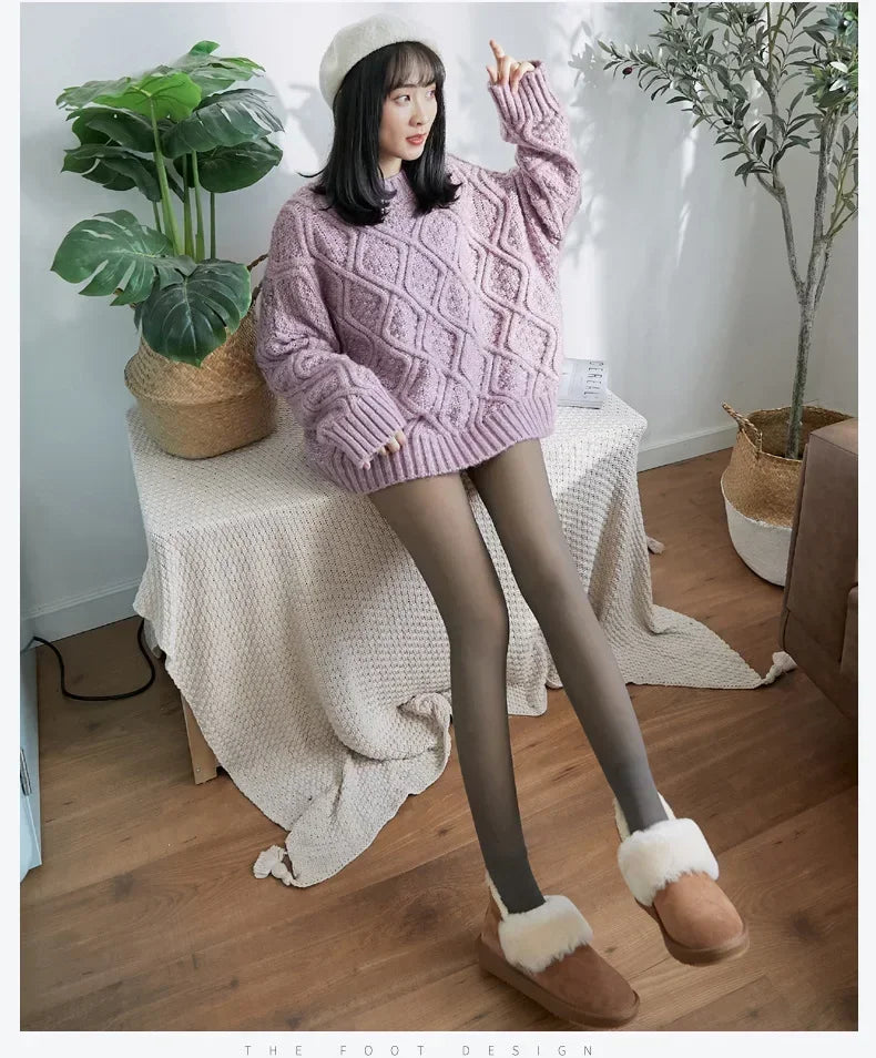 Evlira Gray Thermal Tights outfit coordination - styled with pink sweater and brown slippers for winter fashion