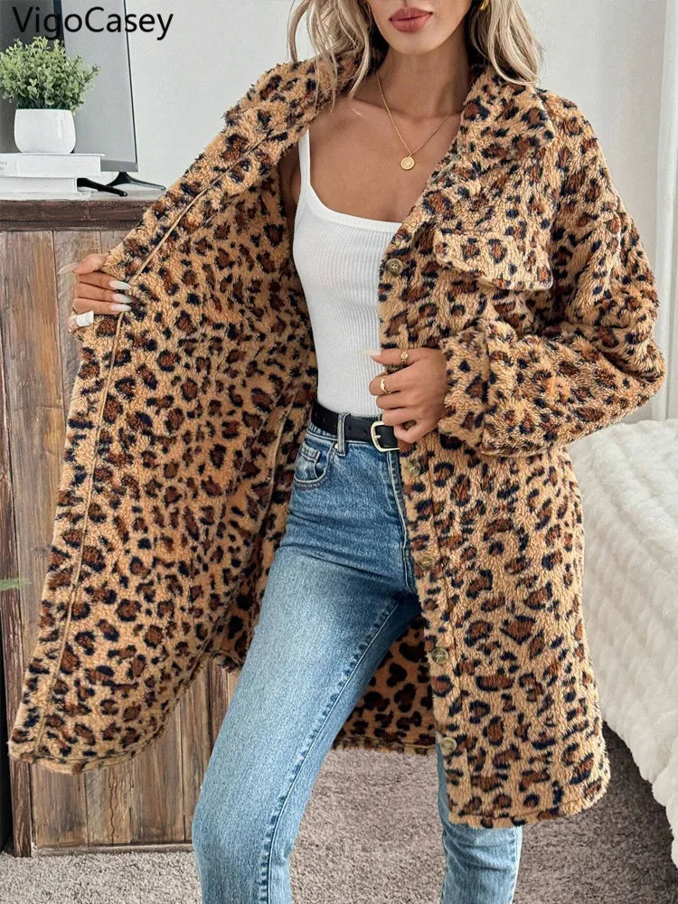 Evlira Leopard Print Plush Coat - closeup detail showing thick plush material quality and print pattern