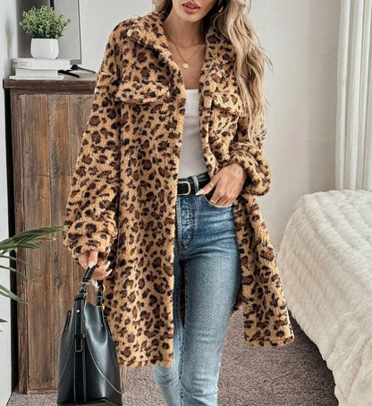 Evlira Leopard Print Plush Coat for home comfort - warm and fashionable indoor winter wear for women