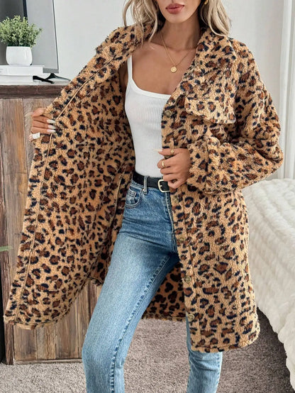Evlira Leopard Print Plush Coat lifestyle photo - woman wearing coat in indoor home setting showing daily wear