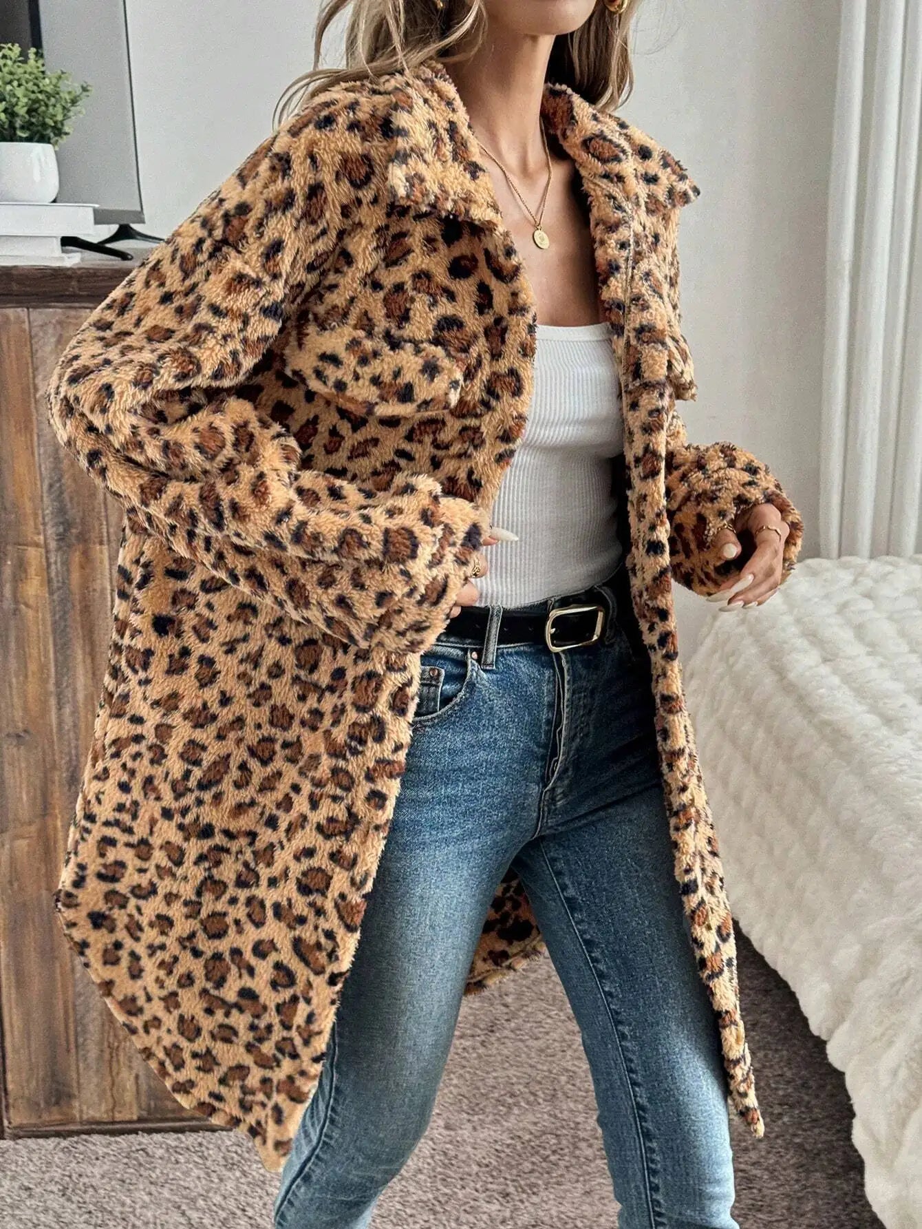 Evlira Leopard Print Plush Coat in living room - stylish home wear for casual indoor winter comfort