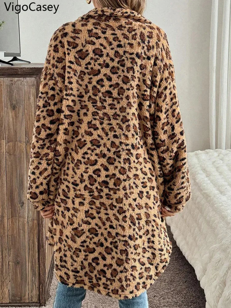 Evlira Leopard Print Plush Coat modeled front view - showing loose fit styling and winter fashion outfit