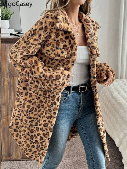 Evlira Leopard Print Plush Coat - back view showing casual loose fit design for autumn winter fashion