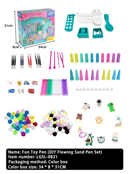 Evlira Magic Sand Pen Kit complete overview - all components with packaging size and flowing sand art demonstration