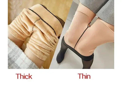 Evlira Thermal Tights thickness demonstration - visual comparison showing different density levels on legs