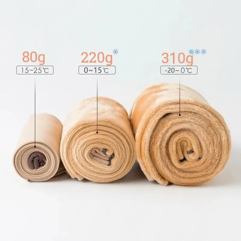 Evlira Thermal Tights weight comparison - 85g, 220g, 310g fleece lined tights with recommended temperature ranges