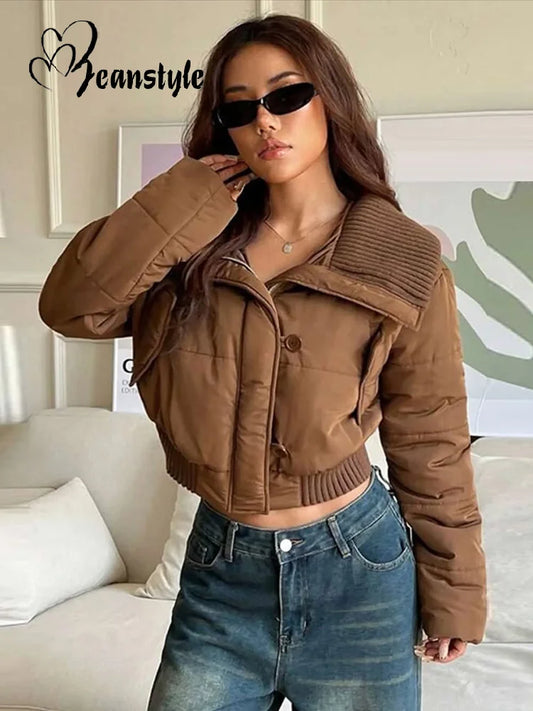 Evlira Women's Casual Patchwork Short Coat with Turn-down Collar - Brown Color - Front View