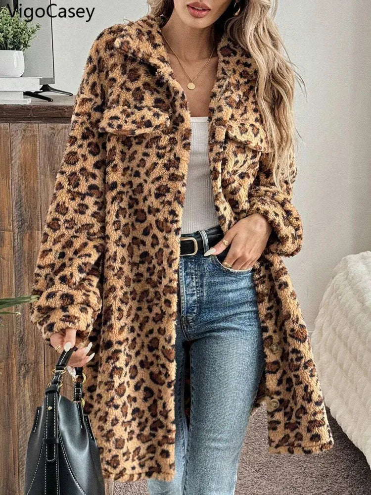 Evlira Women's Leopard Print Plush Coat - side view showing thick plush material and winter outerwear design