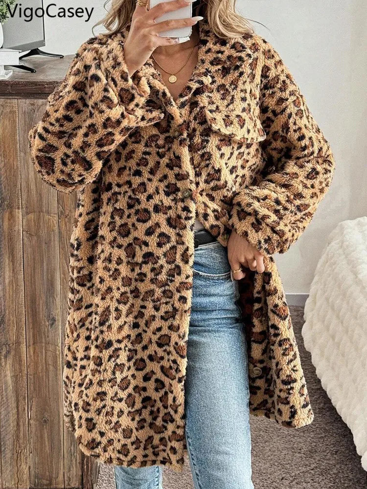 Evlira Women's Leopard Print Plush Jacket - front view showing soft turndown collar and loose fit winter coat design