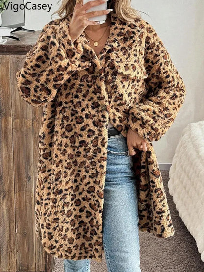Evlira Women's Leopard Print Plush Jacket - front view showing soft turndown collar and loose fit winter coat design