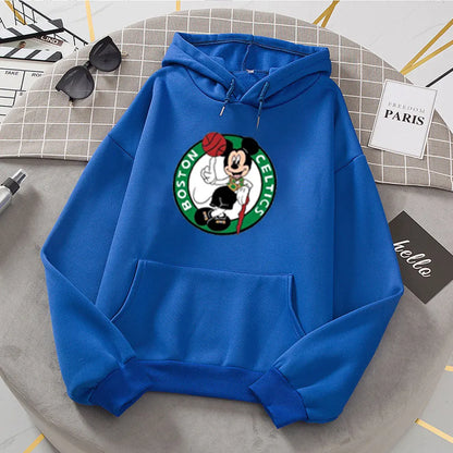 Blue hoodie with a Boston Celtics logo on a round gray surface