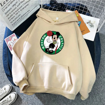 Beige hoodie with Boston Celtics logo on a textured surface