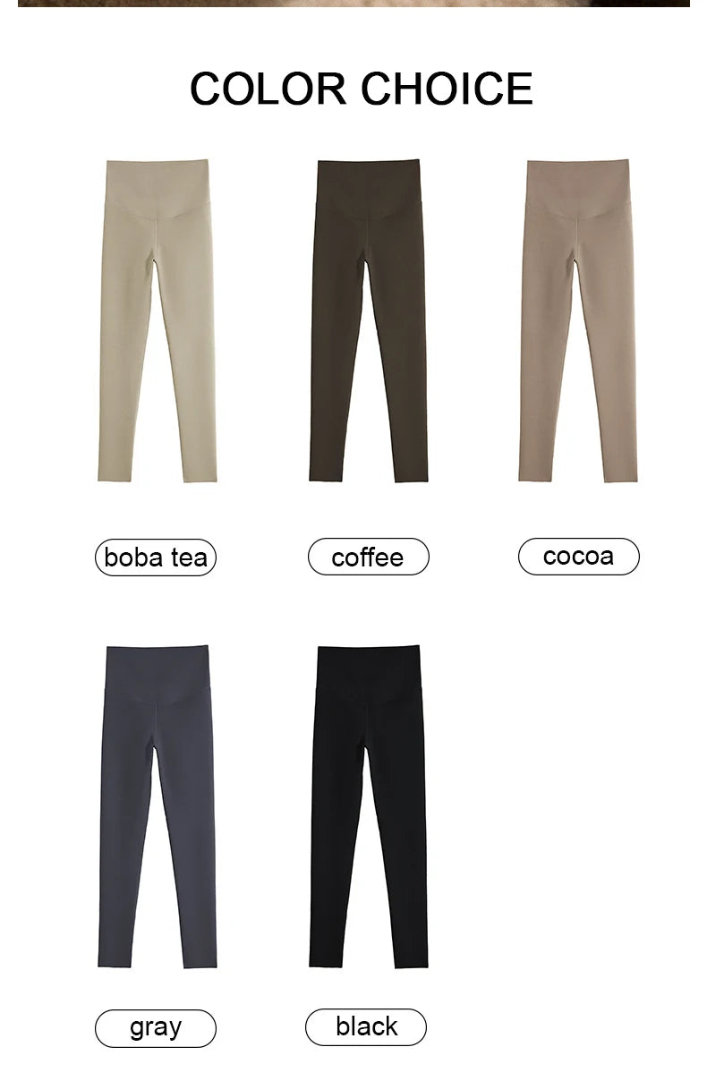 Color swatches for leggings labeled 'boba tea', 'coffee', 'cocoa', 'gray', and 'black' on a white background.