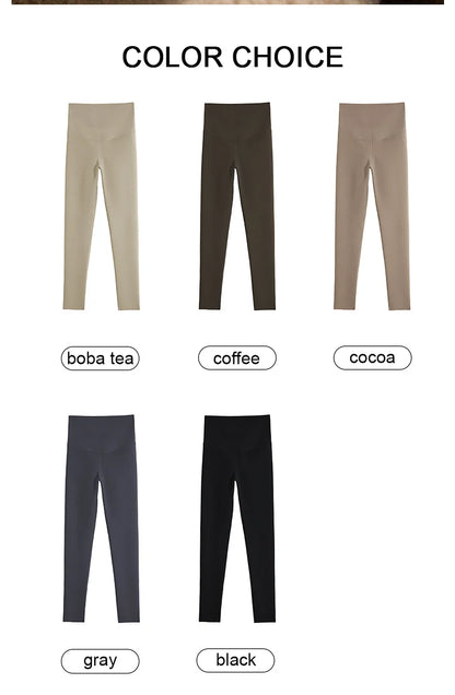 Color swatches for leggings labeled 'boba tea', 'coffee', 'cocoa', 'gray', and 'black' on a white background.