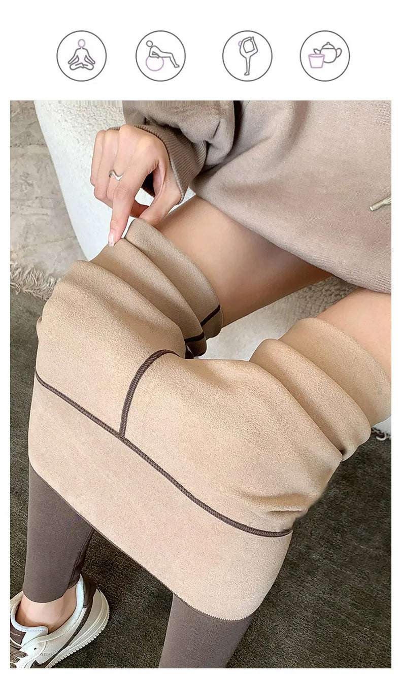 Person wearing beige leggings with a neutral background