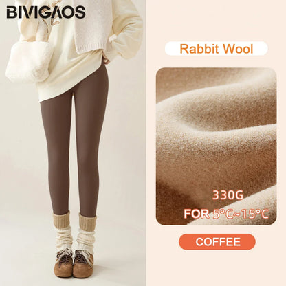 Person wearing brown leggings with a close-up of rabbit wool texture and product details on a light background.