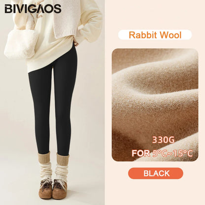 Person wearing black leggings with a close-up of rabbit wool and product details on a light background